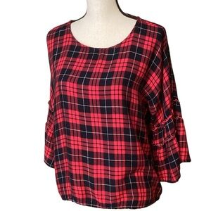 Sweet Claire Red Black Plaid Metallic Ruffle Sleeve Top Medium Boxy Soft
